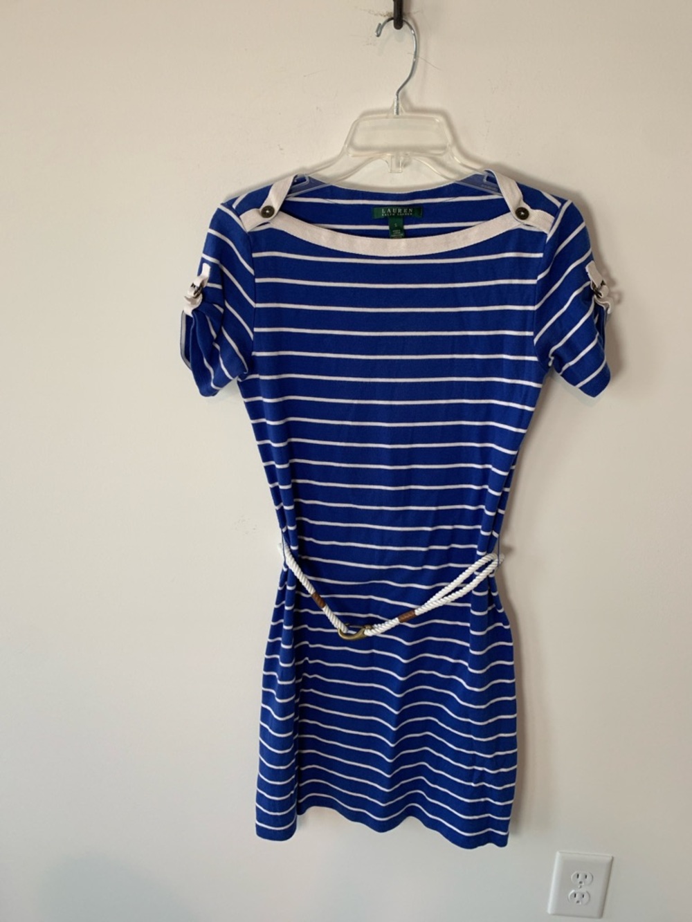 Ralph Lauren Blue & White Striped Short Sleeve Mini Dress with Rope Belt